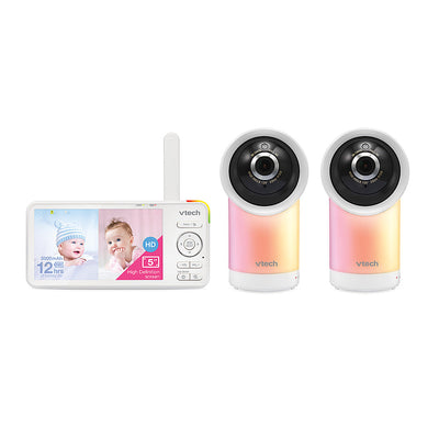 VTech - 2 Camera 1080p Smart WiFi Remote Access 360 Degree Pan & Tilt Video Baby Monitor with 5” Display, Night Light - white